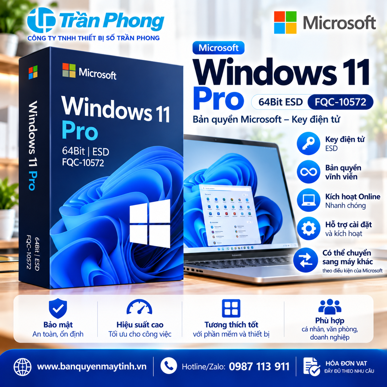 Phần mềm Microsoft Win Pro 11 64-bit All Lng PK Lic Online DwnLd NR (FQC-10572) - Dùng cho cơ quan, doanh nghiệp, đổi được thiết bị